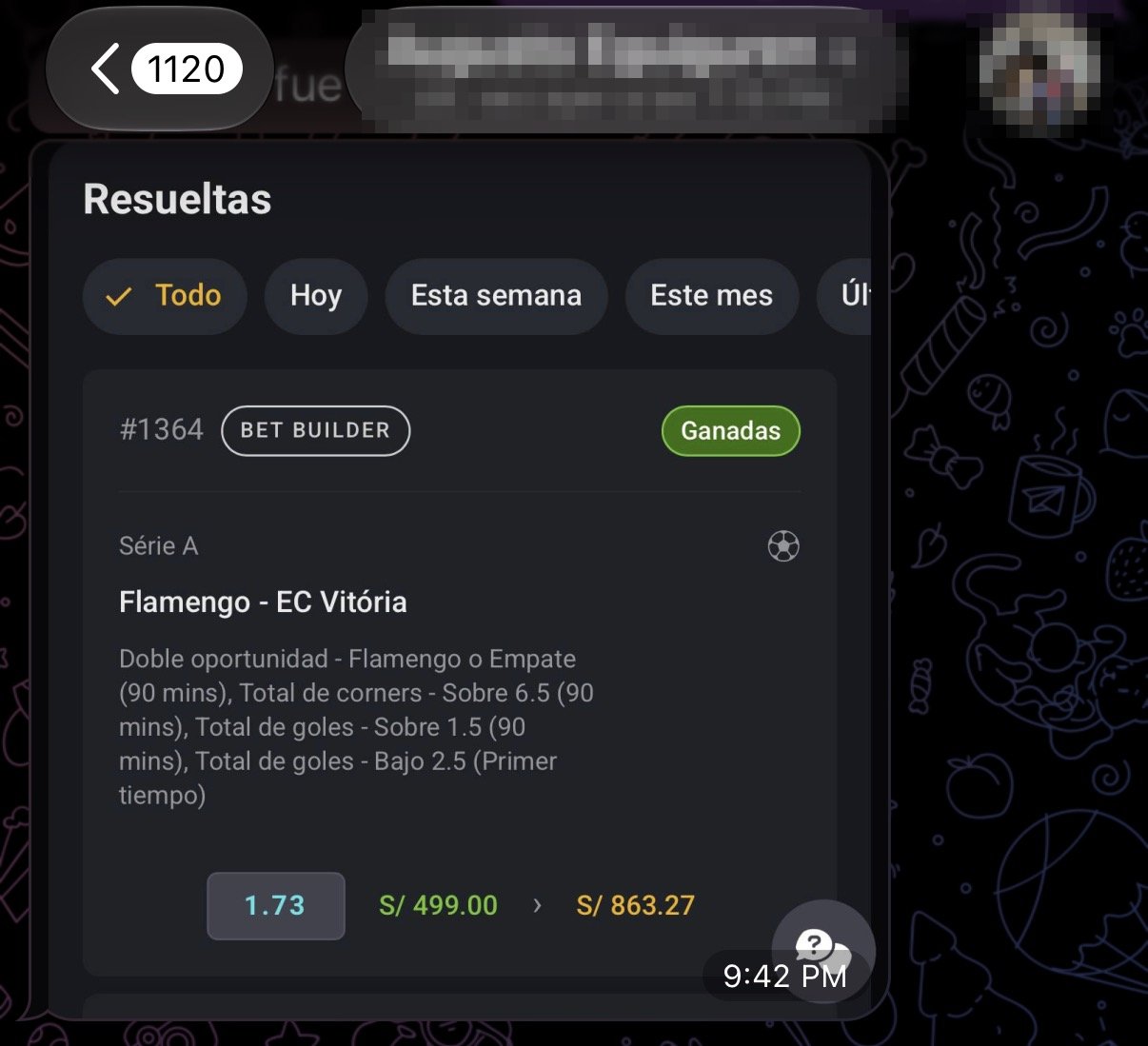 Screenshot of a winning bet: S/499 Bet Builder that paid S/863