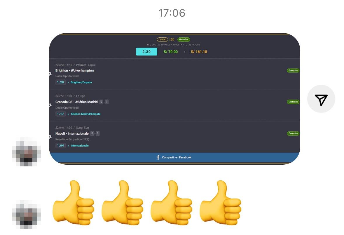 Screenshot of a winning bet: S/70 3-leg combo that paid S/161