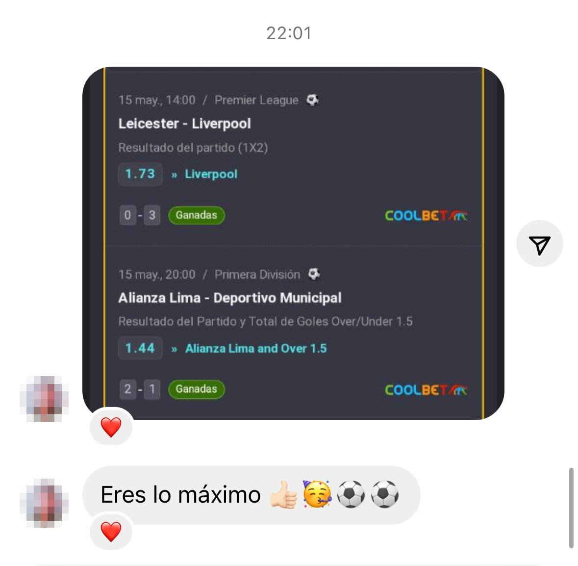 Screenshot of two winning bets: Liverpool and Alianza Lima